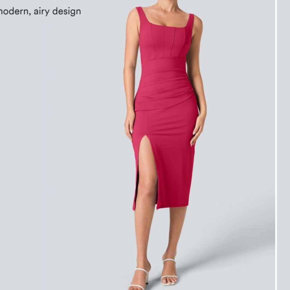 Halara Soft Square Neck Corset Ruched Bodycon Midi Casual Dress Winterberry M